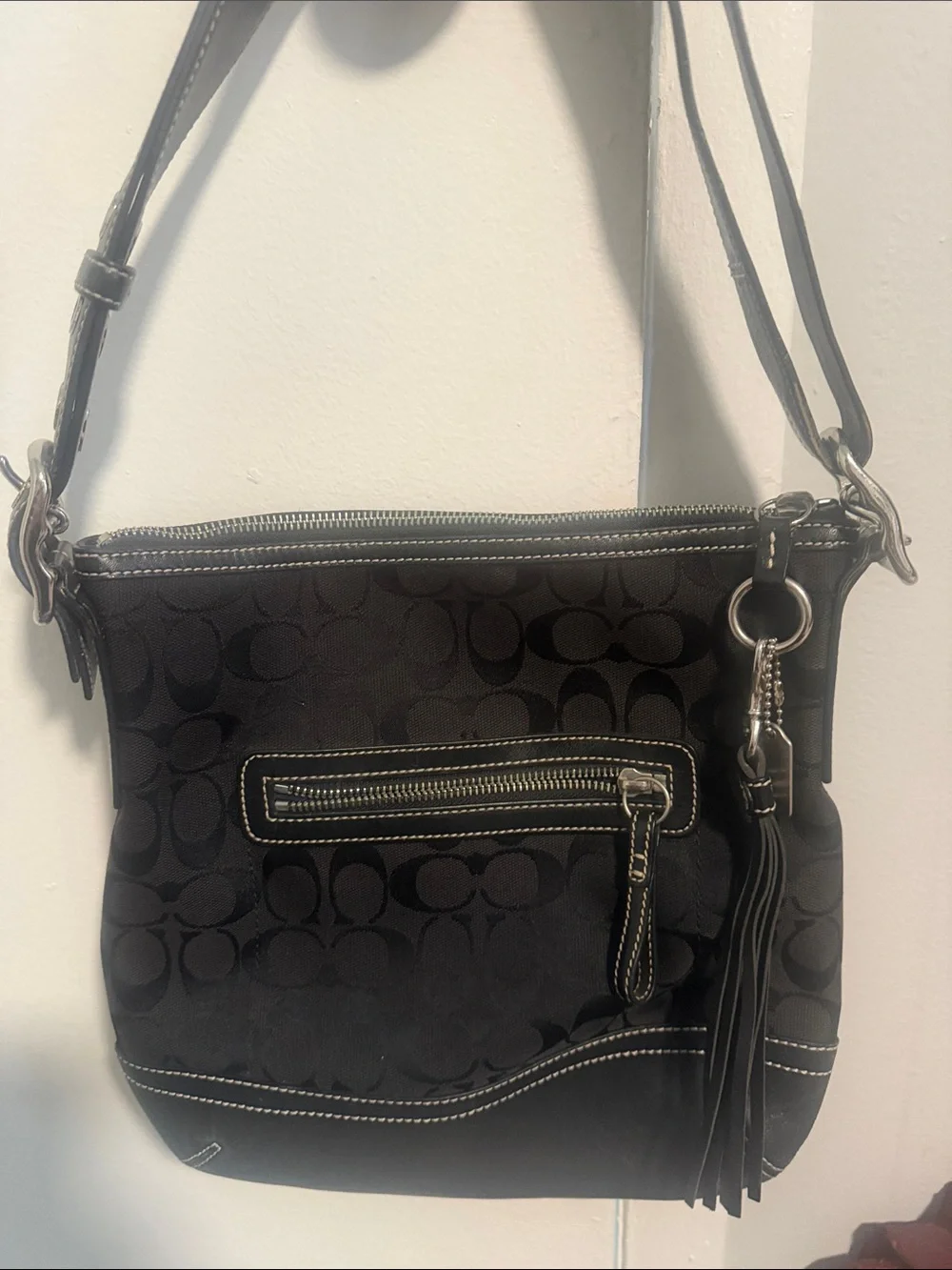 Coach Black Signature Canvas and Leather Hobo with Tassel